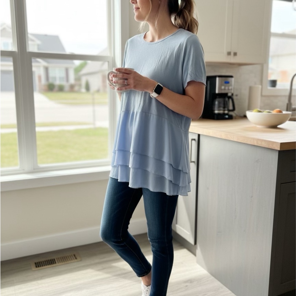 Michael Kors Light Blue Tiered Short Sleeve Tee